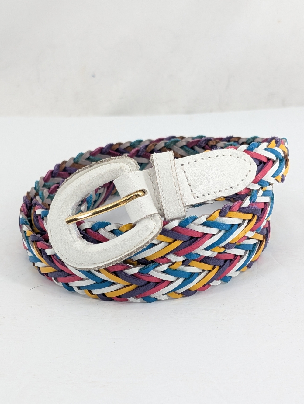 Vintage 80s Woven Multicolor Leather Belt with White Buckle Size XL